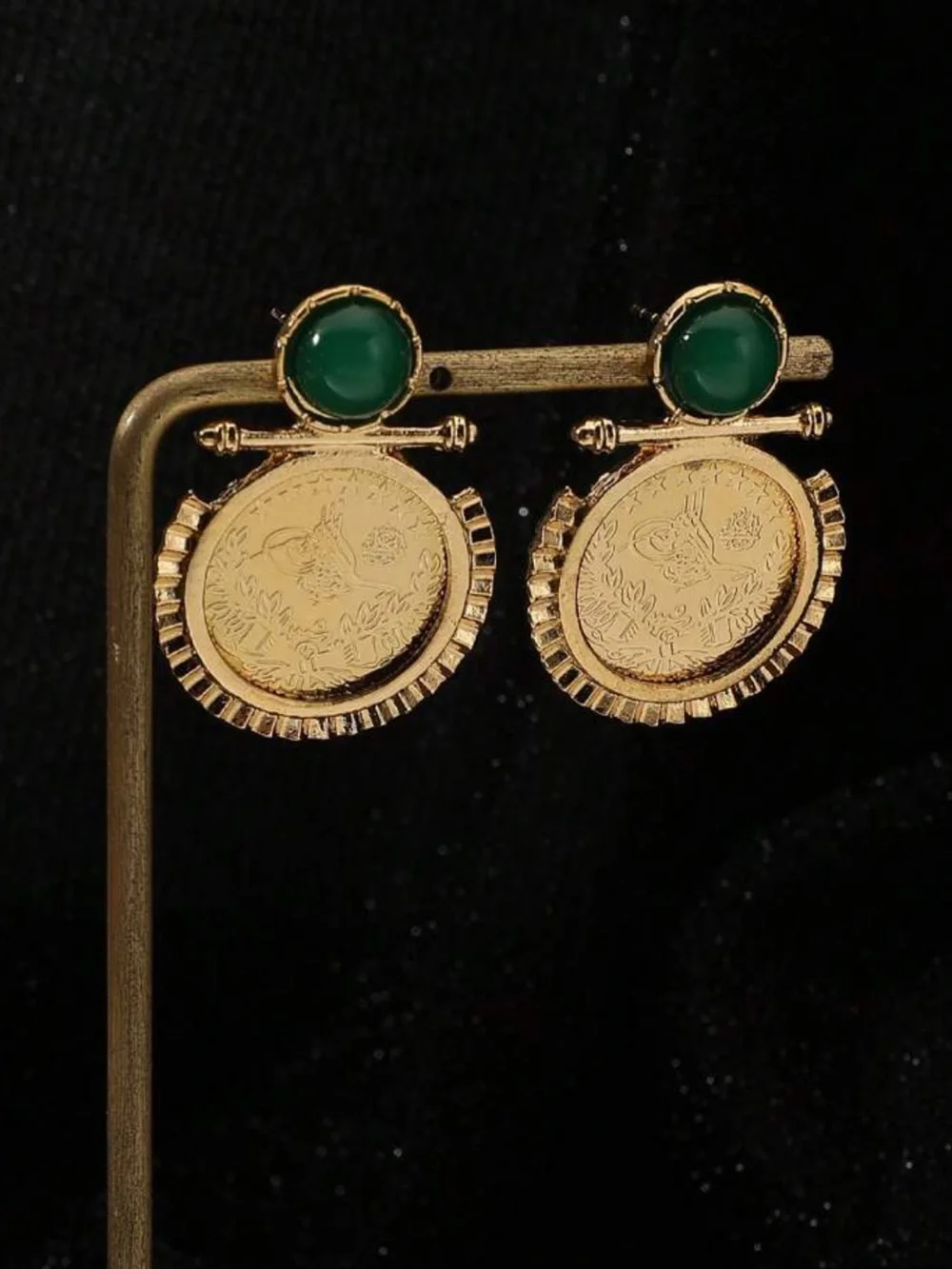 Gold Coin Drop Earrings with Green Cabochon